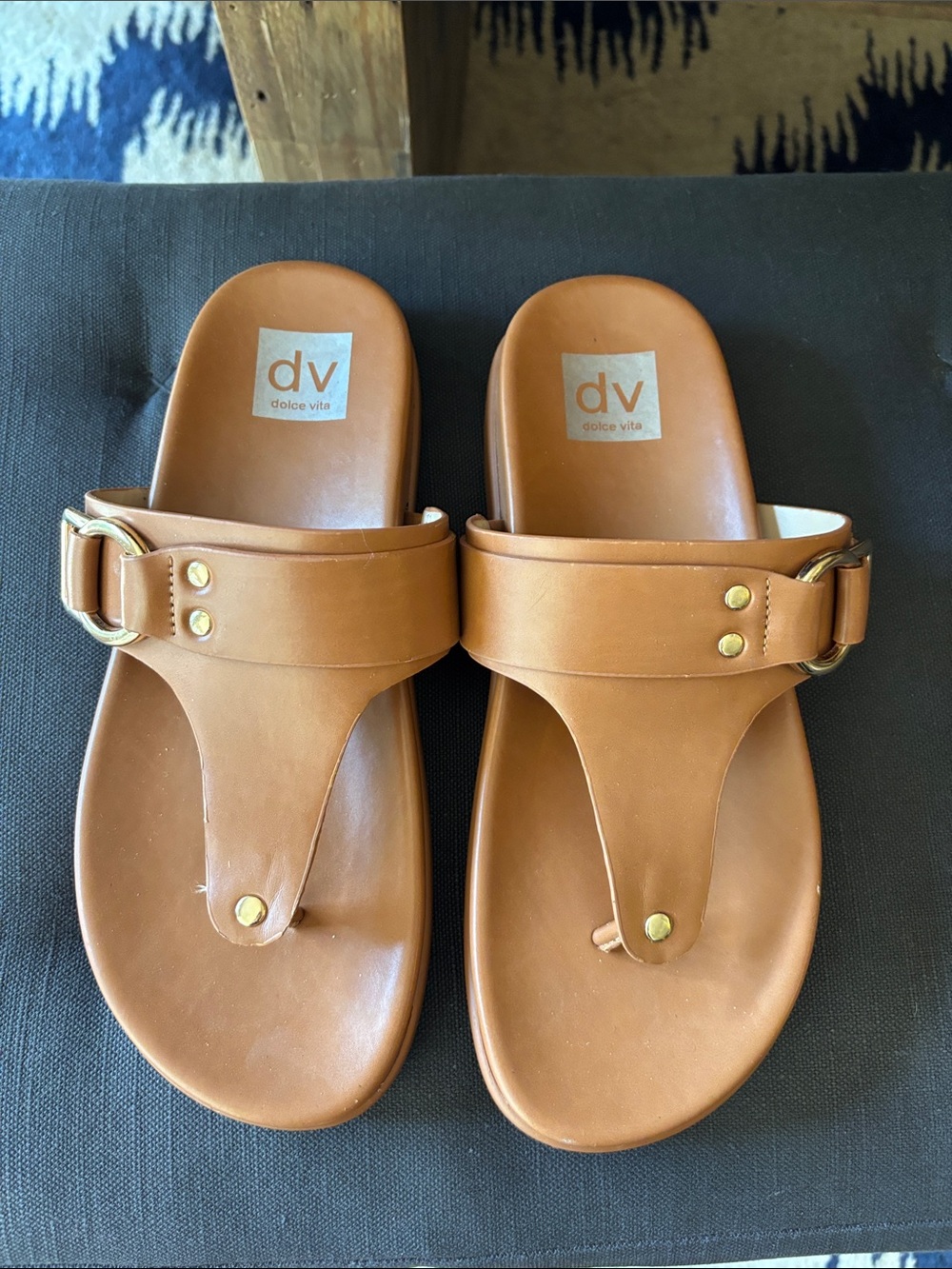 Dolce Vita Tan Thong Sandals with Gold Buckle
